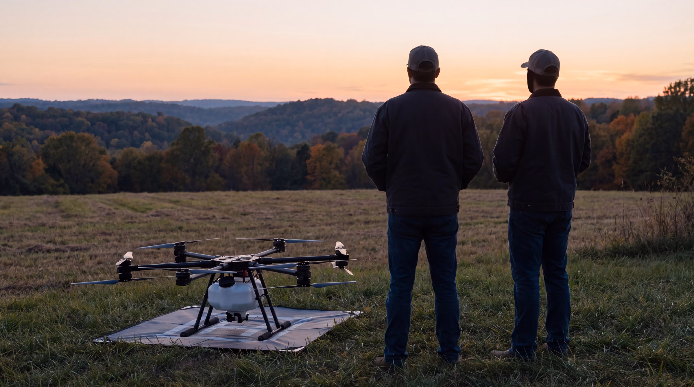 Illustrative: two crew members seen from behind beside an unbranded drone at dusk