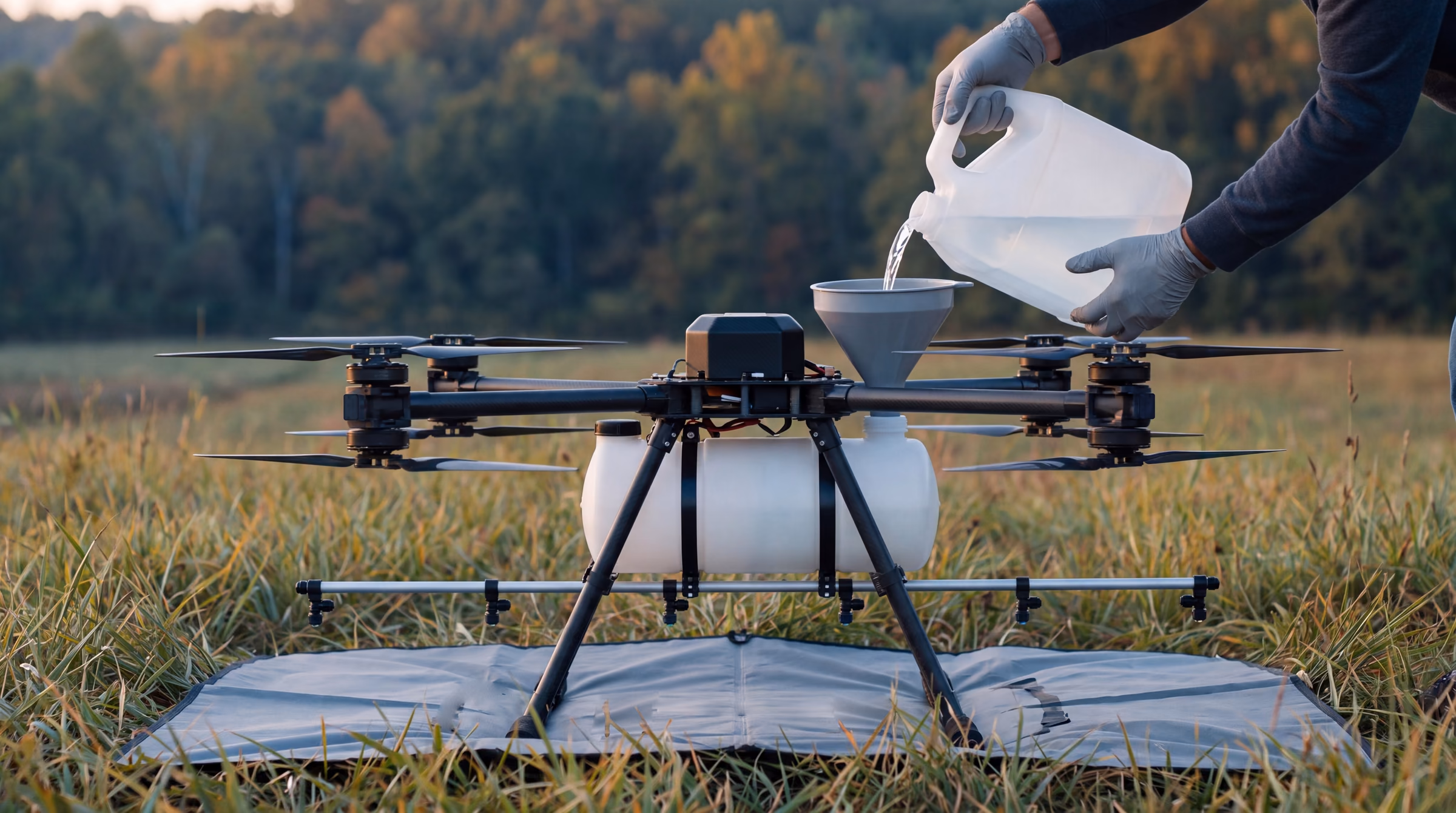 Illustrative: gloved hands filling the tank of an unbranded spray drone at the field edge