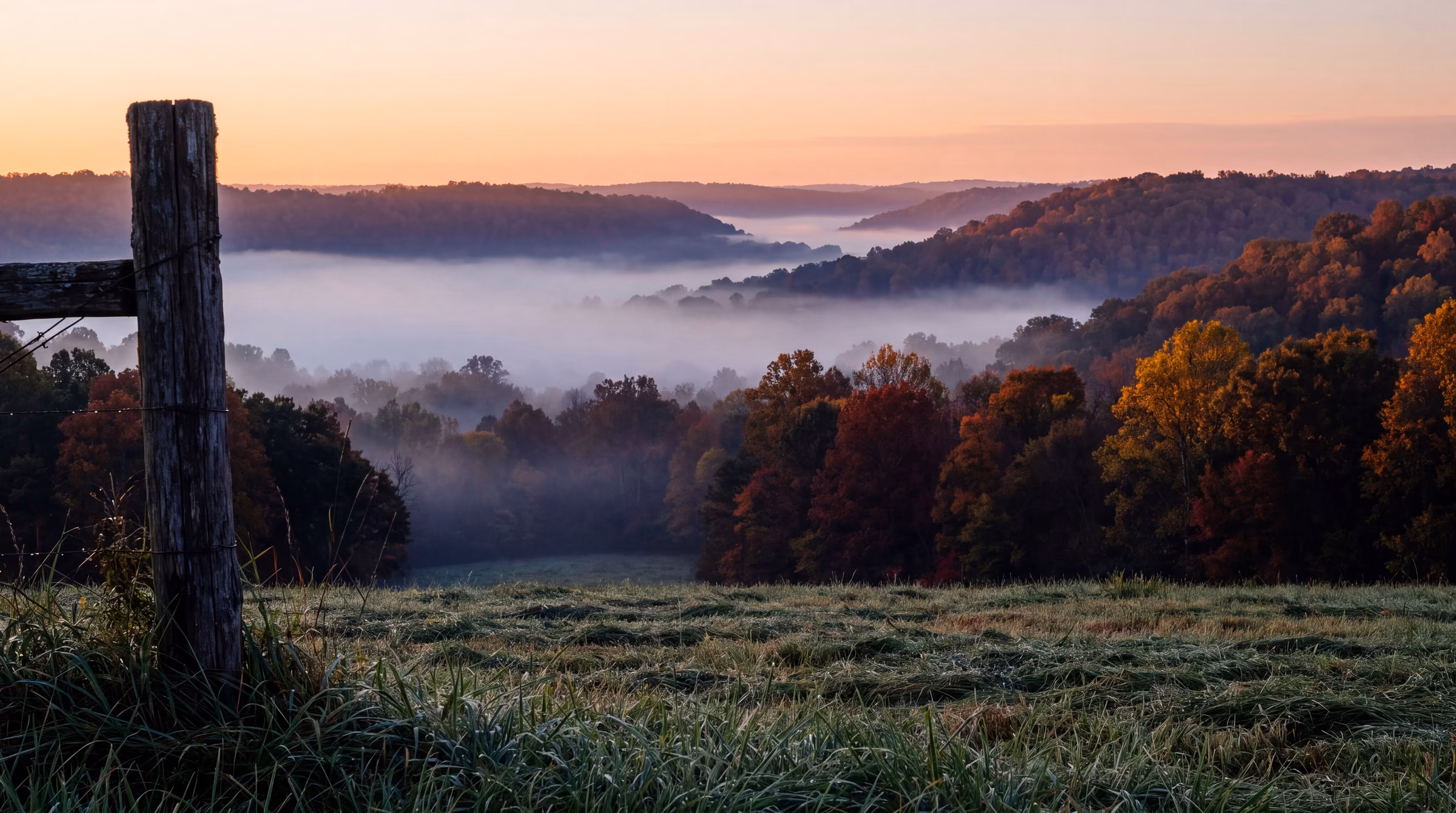 Dawn fog over a hayfield and wooded Ozark ridges