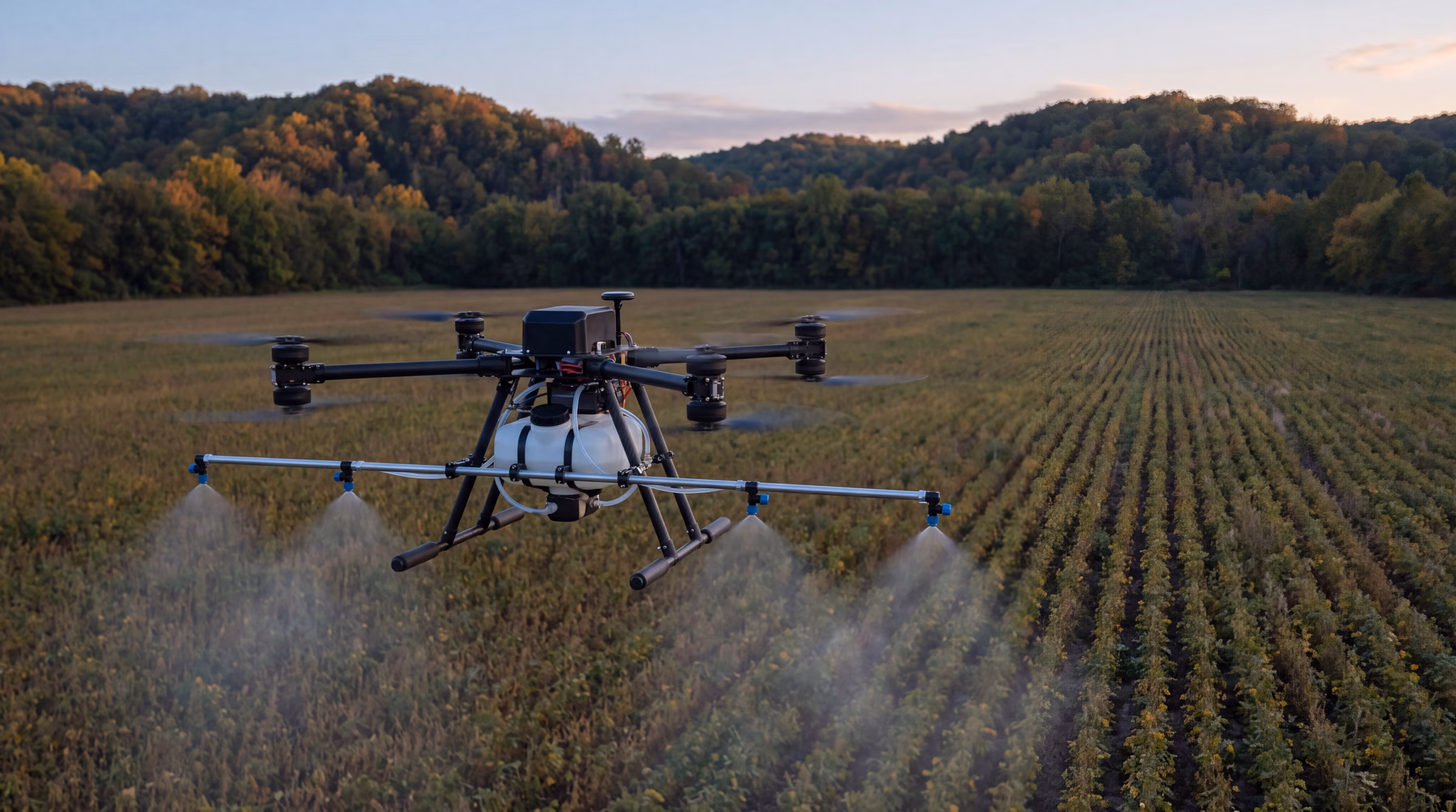 Illustrative: an unbranded spray drone misting a soybean field at dusk