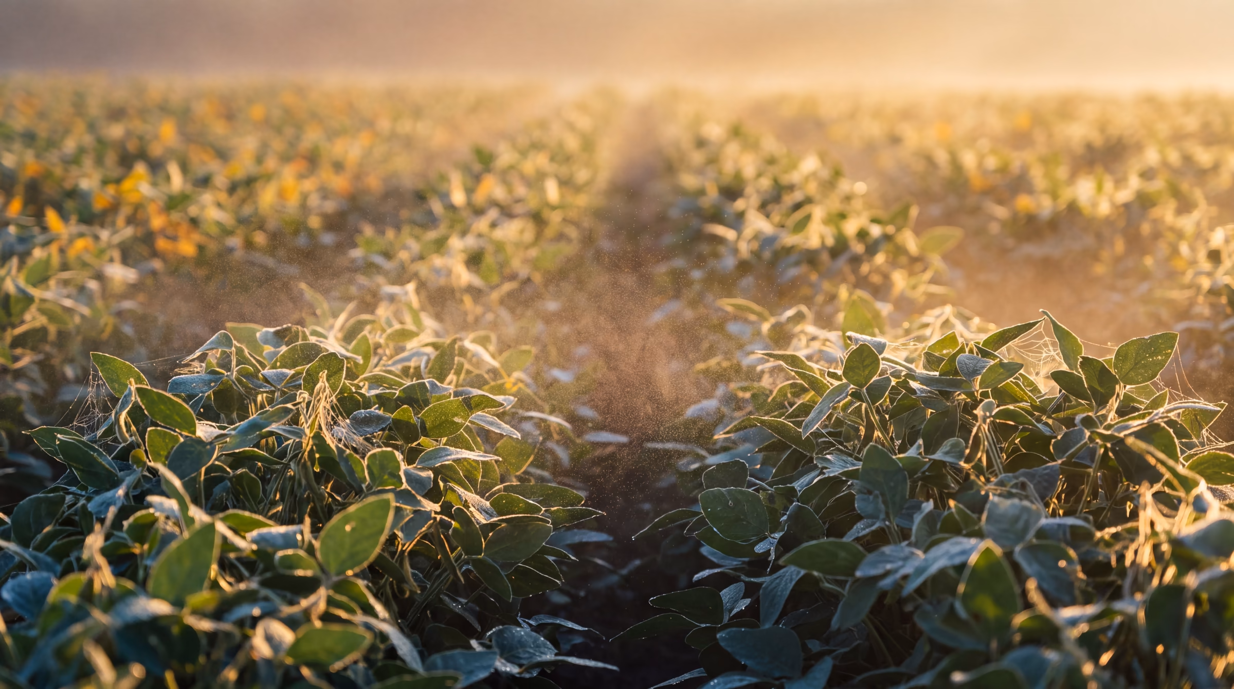 Fine mist catching the low sun above a soybean canopy