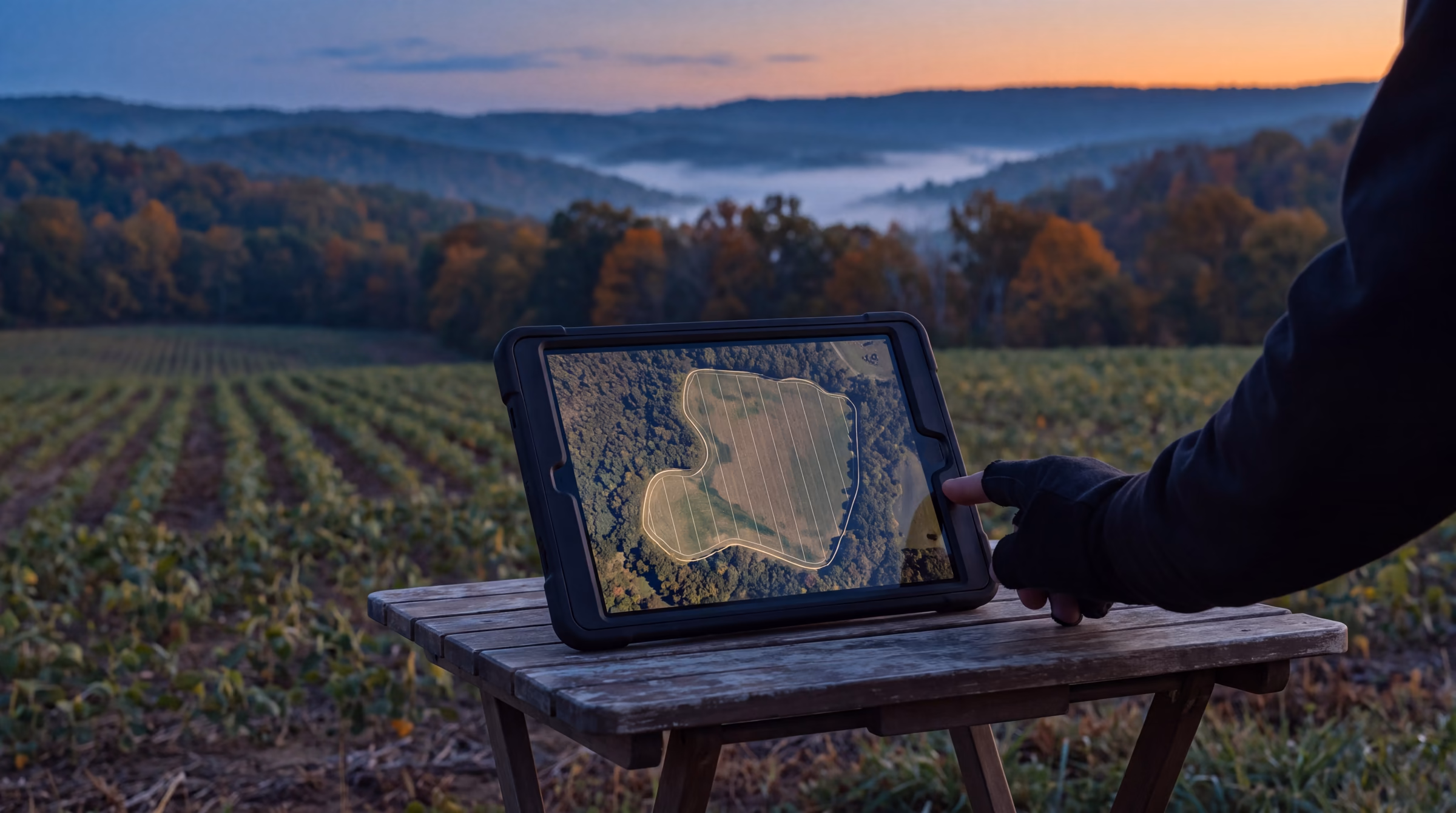 Illustrative: a rugged tablet at a field edge at dawn, showing a field boundary and planned flight lines