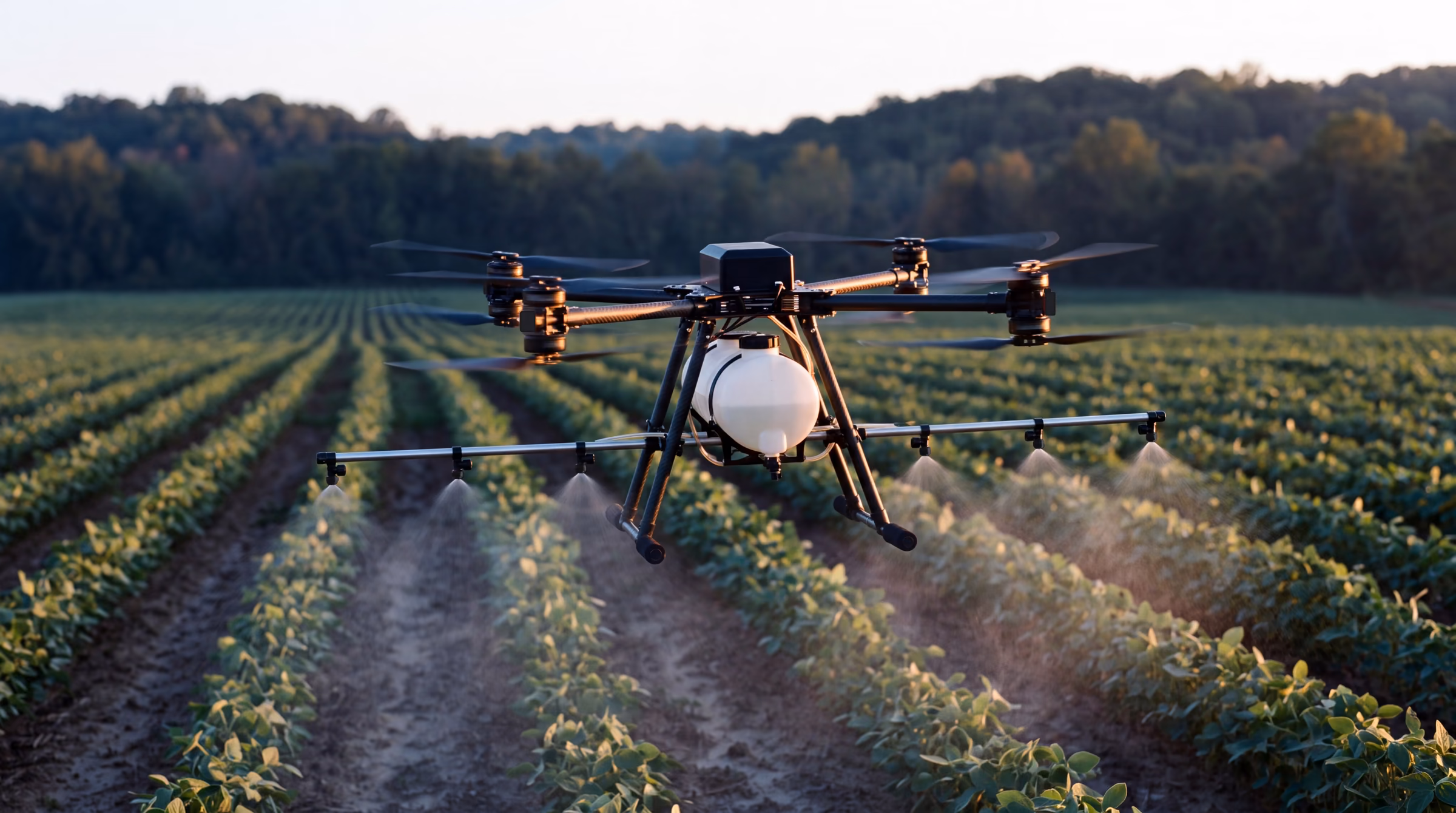 Illustrative: an unbranded spray drone flying a pass over soybeans at sunrise