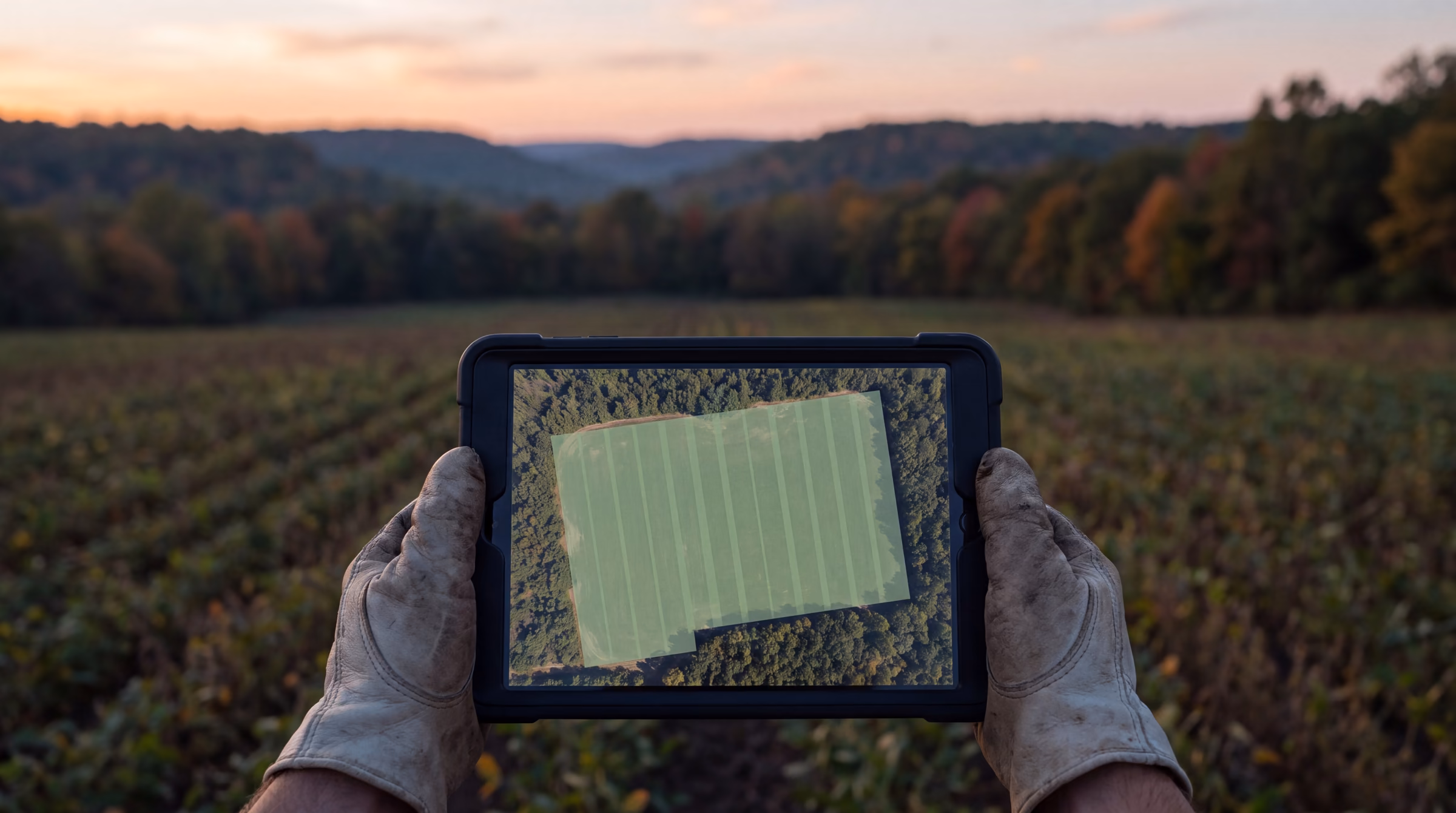 Illustrative: gloved hands holding a tablet at a soybean field edge at dusk, showing a coverage map of the sprayed field