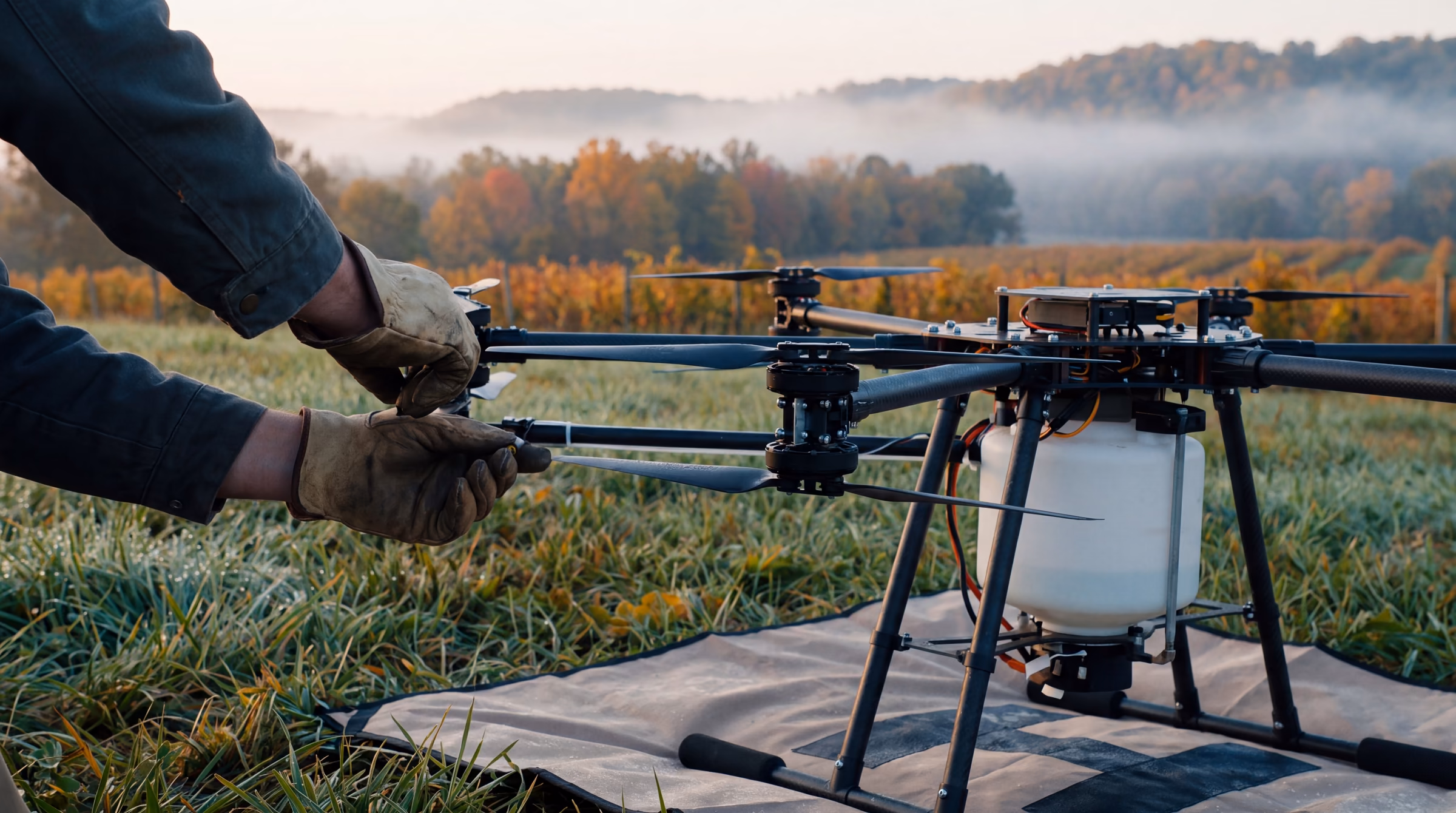 Illustrative: gloved hands checking a propeller on an unbranded drone at a field edge