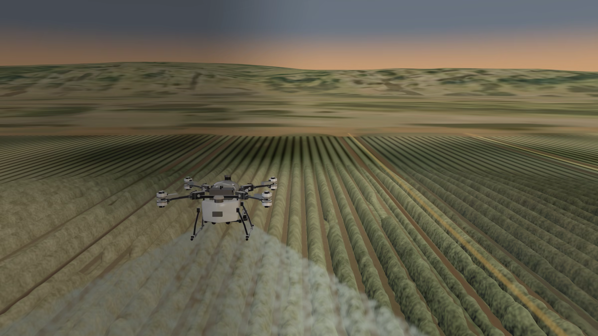 A spray drone making a low spray pass over an Ozark field at golden hour.